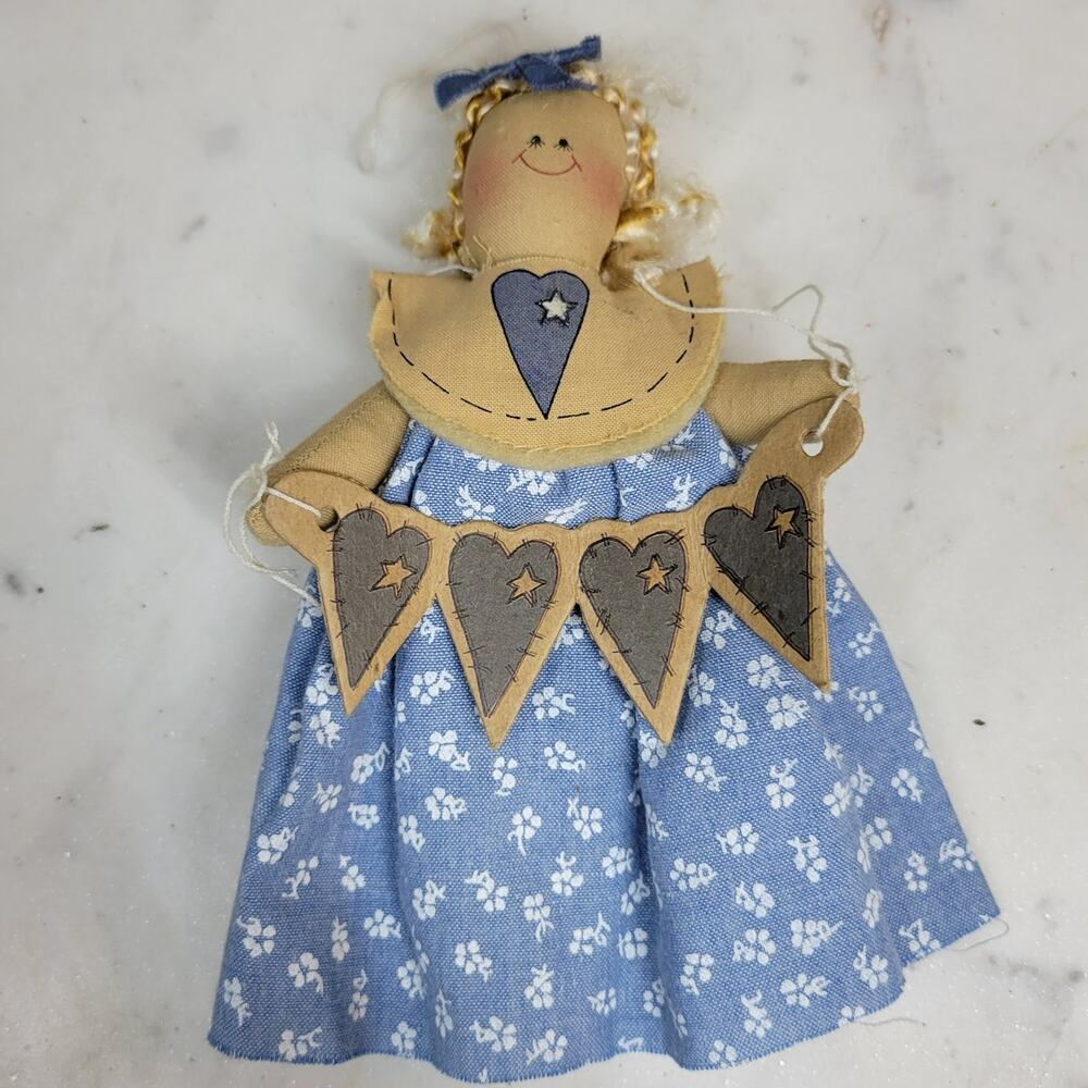 Vintage‎ Burlap Girl Doll Ornament 6.5" Blue White Dress Handmade Holiday Decor